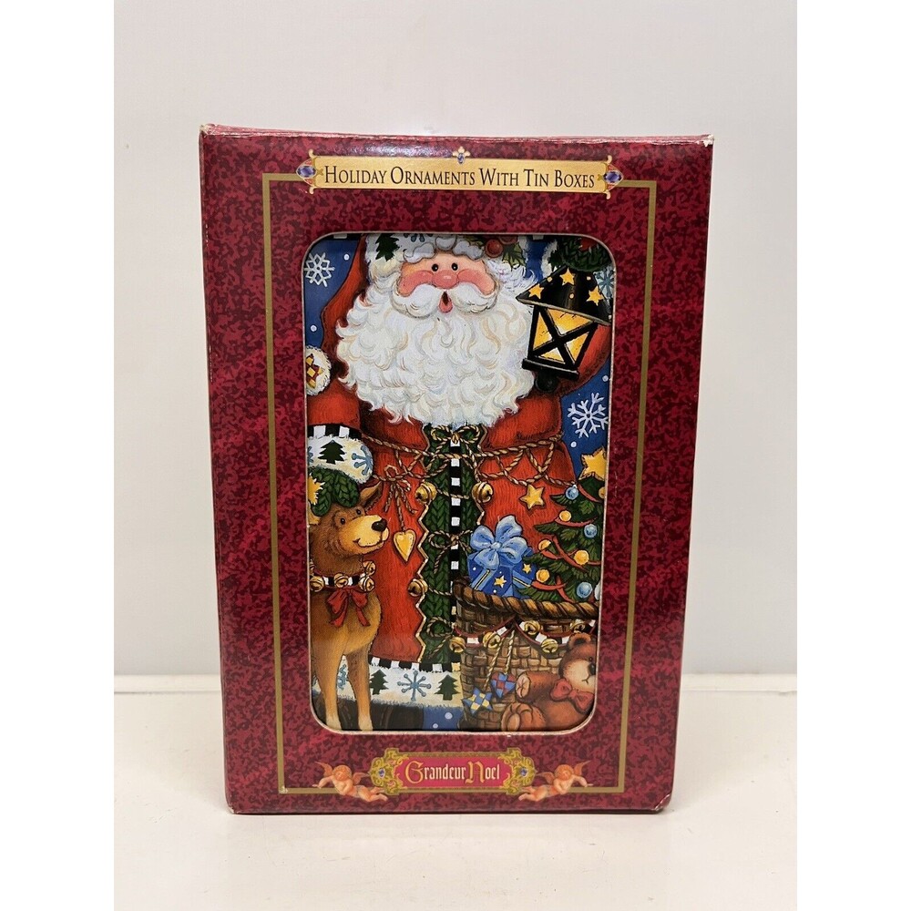 CHRISTMAS SANTA CLAUS REINDEER GRANDEUR NOEL 4" RESIN ORNAMENT & TIN BOX